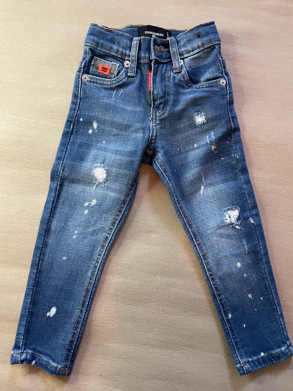 DSQUARED2, Girls, 3T, Blue Skinny Jeans with Red Logo Patch